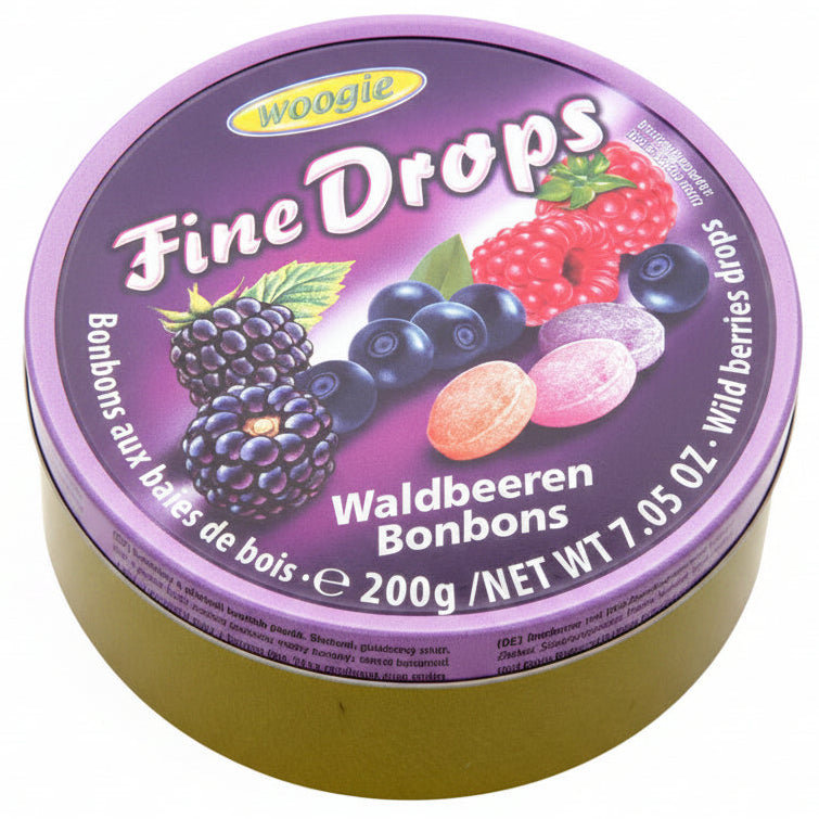 Container of Woogie Fine Drops with purple lid and gold base on a white background