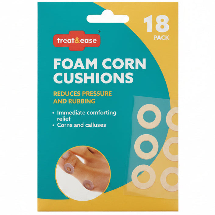 A package of 18 foam corn cushions by treat&ease, featuring a teal and yellow design with a small circular inset showing the cushions applied to toenails.