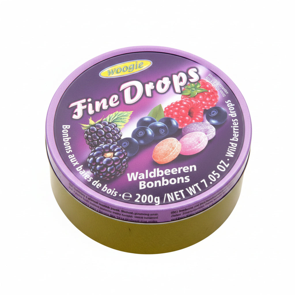 Container of Woogie Fine Drops with purple lid and gold base on a white background