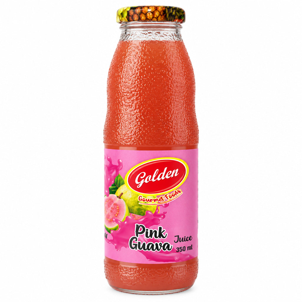 A bottle of Golden Gourmet Foods Pink Guava Juice, 350 ml, featuring a pink label with a yellow 'Golden' logo and a textured cap, set against a plain white background.