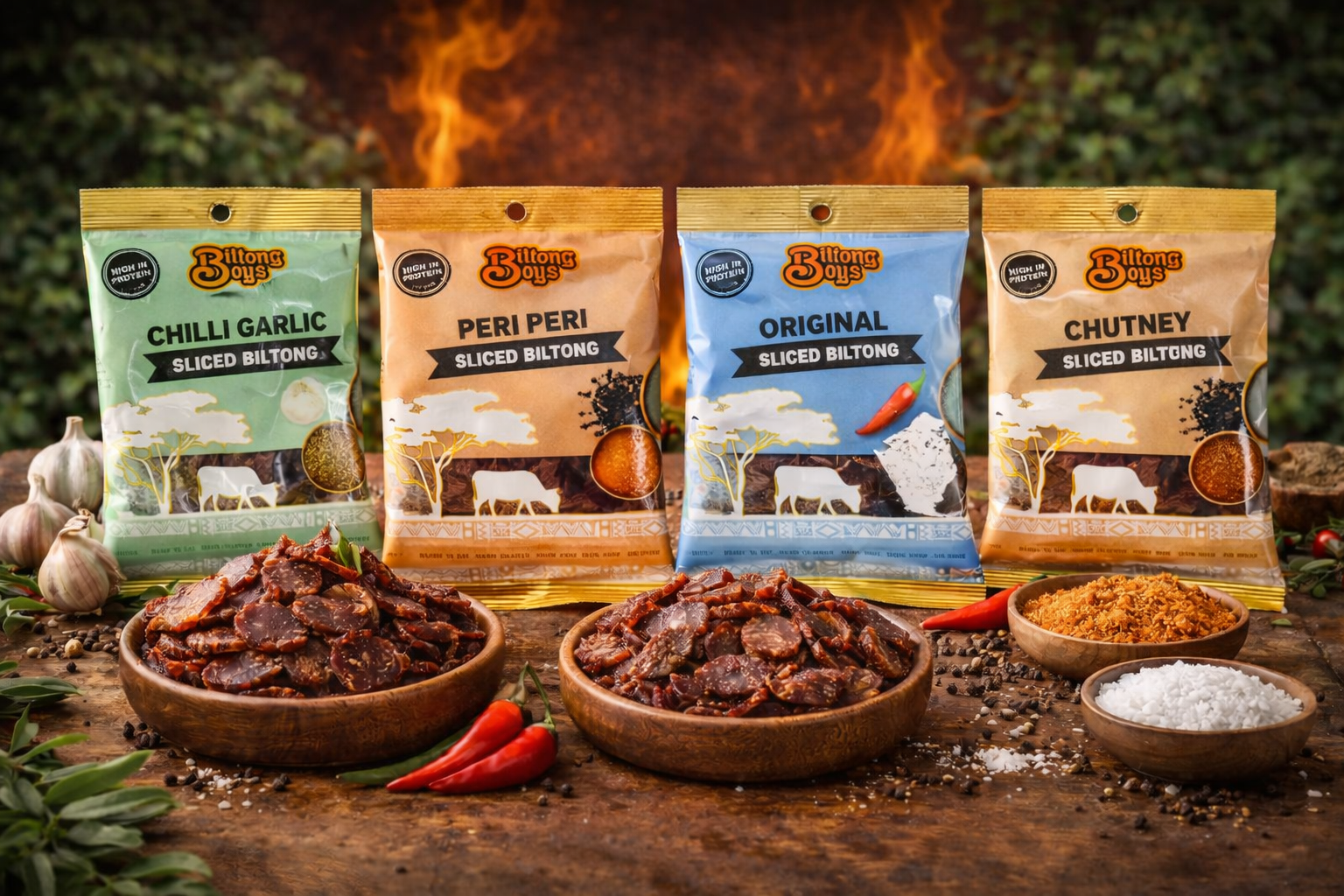Four packages of sliced biltong with corresponding seasonings on a rustic wooden surface.